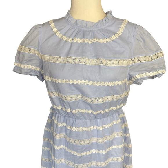 J Crew Dress Womens 6 Sky Blue White Cotton Puff Sleeve Daisy Chain Flounce Hem - Picture 2 of 14